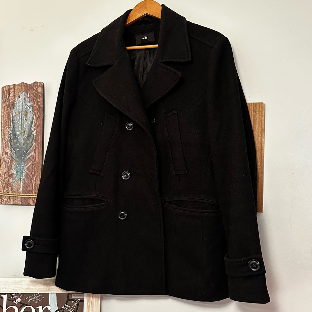 H&M Men’s Recycled Wool Double Breasted Black Pea Coat- Size 42R